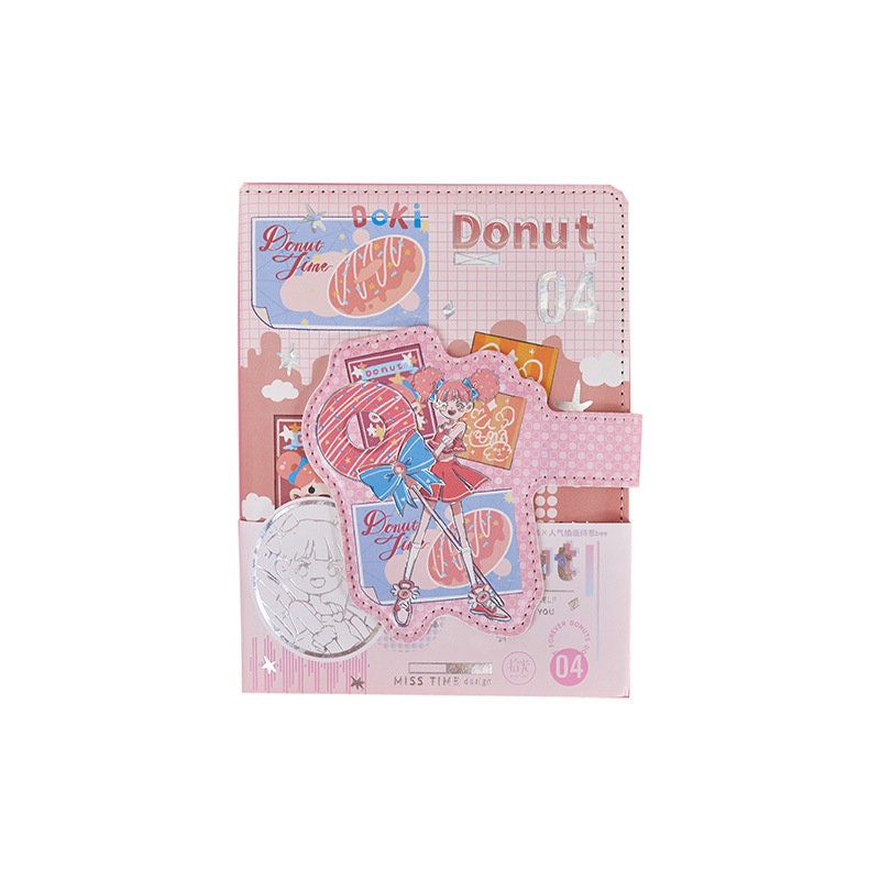 Kawaii Harajuku Leather Journal - A5 Magnetic Buckle, pink cover with pastel graphics, cute donut and girl design, perfect for note-taking and sketching.