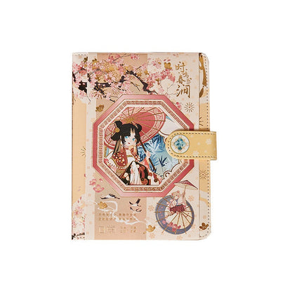 Spring Fairy Leather Journal A5 featuring anime beauty in intricate pink floral design with cherry blossoms and traditional Japanese artwork, kawaii stationery.