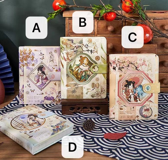 Spring Fairy Leather Journal - Anime Beauty A5 featuring four colorful designs labeled A, B, C, and D. Each journal showcases intricate anime artwork with floral and nature themes, perfect for kawaii stationery collections.