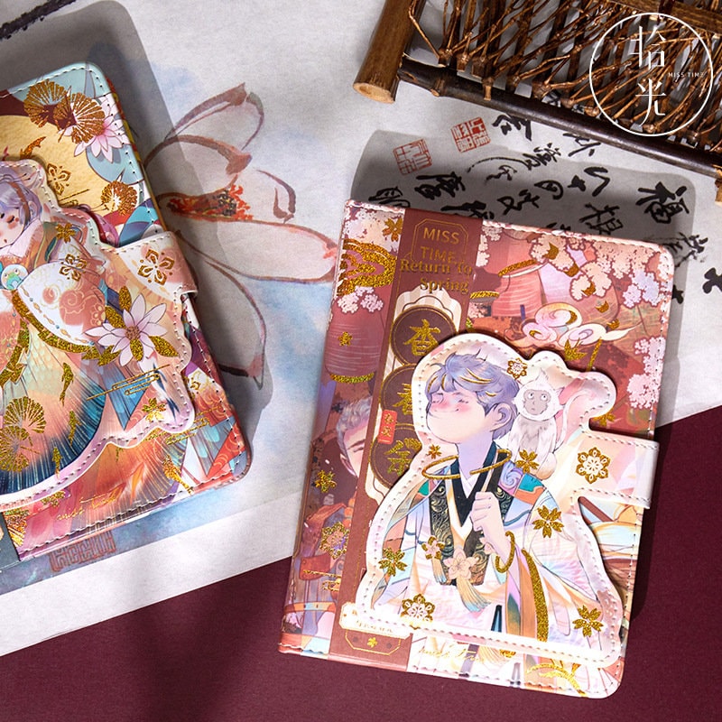 Anime Boy Leather Journal with Gold Foil Cover featuring intricate artwork, vibrant colors, and a whimsical design.