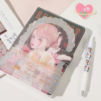 Magnetic buckle leather journal with rose girl design, featuring a beautiful illustration of a girl with blonde hair in a pink theme, wrapped in a transparent cover with gold accents, placed next to a cute decorated pen and heart-shaped sticker.