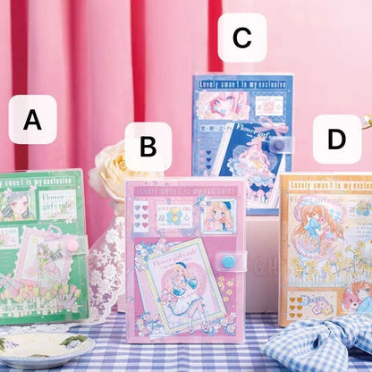 Magnetic Buckle Kawaii Flower Girl Notebook in four designs: green (A), pink (B), blue (C), and yellow (D), with charming illustrations of flower girls, ideal for cute stationery lovers.