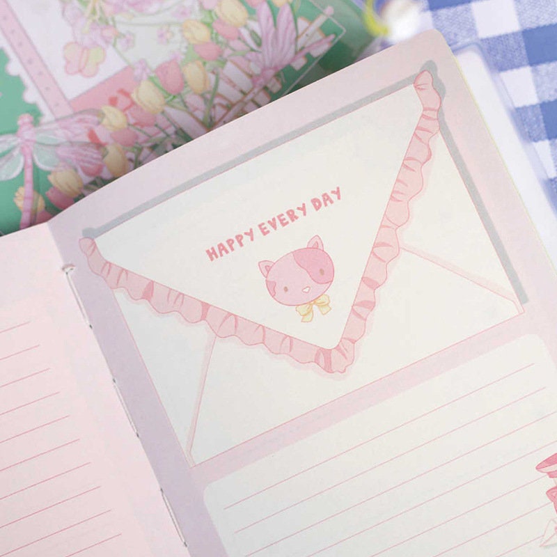 Magnetic Buckle Kawaii Flower Girl Notebook with 'Happy Every Day' printed page and cute pink cat illustration