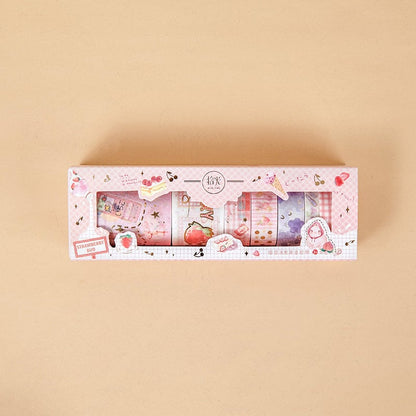 Anime Washi Tape Set - 8 Rolls for Crafting, kawaii stationery with pink and purple designs in a cute packaging box featuring strawberry and bunny motifs.