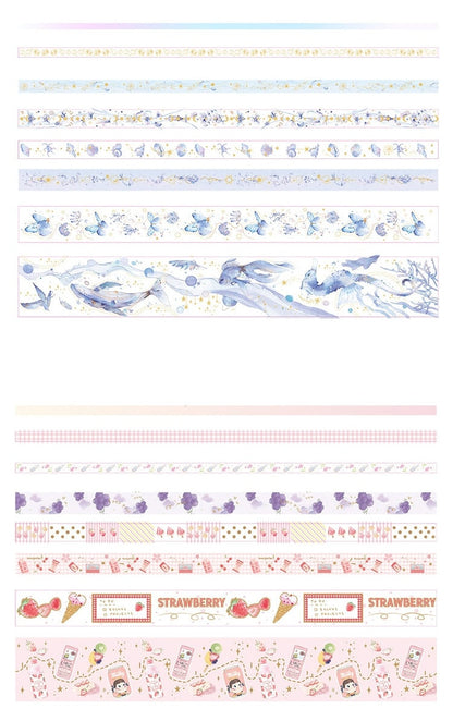 Anime Washi Tape Set - 8 Rolls for Crafting, featuring cute kawaii designs with blue ocean themes, butterflies, pink and purple flowers, strawberries, and ice cream motifs. Perfect for decorating planners, scrapbooks, and DIY projects.