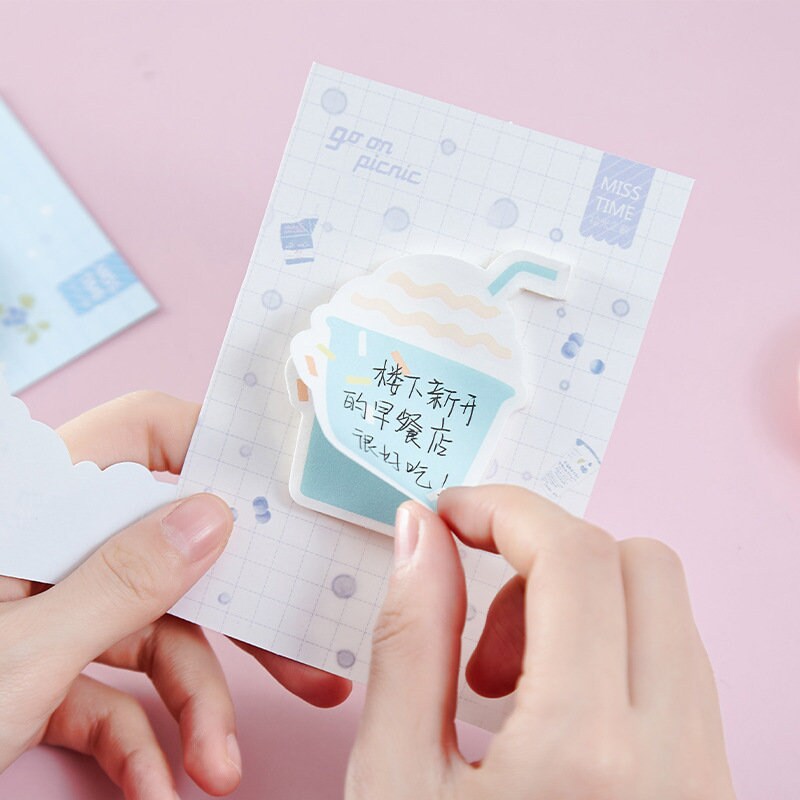 Kawaii picnic-themed notepad with 30 sticky notes shaped like a cup, ideal for journaling and planners.