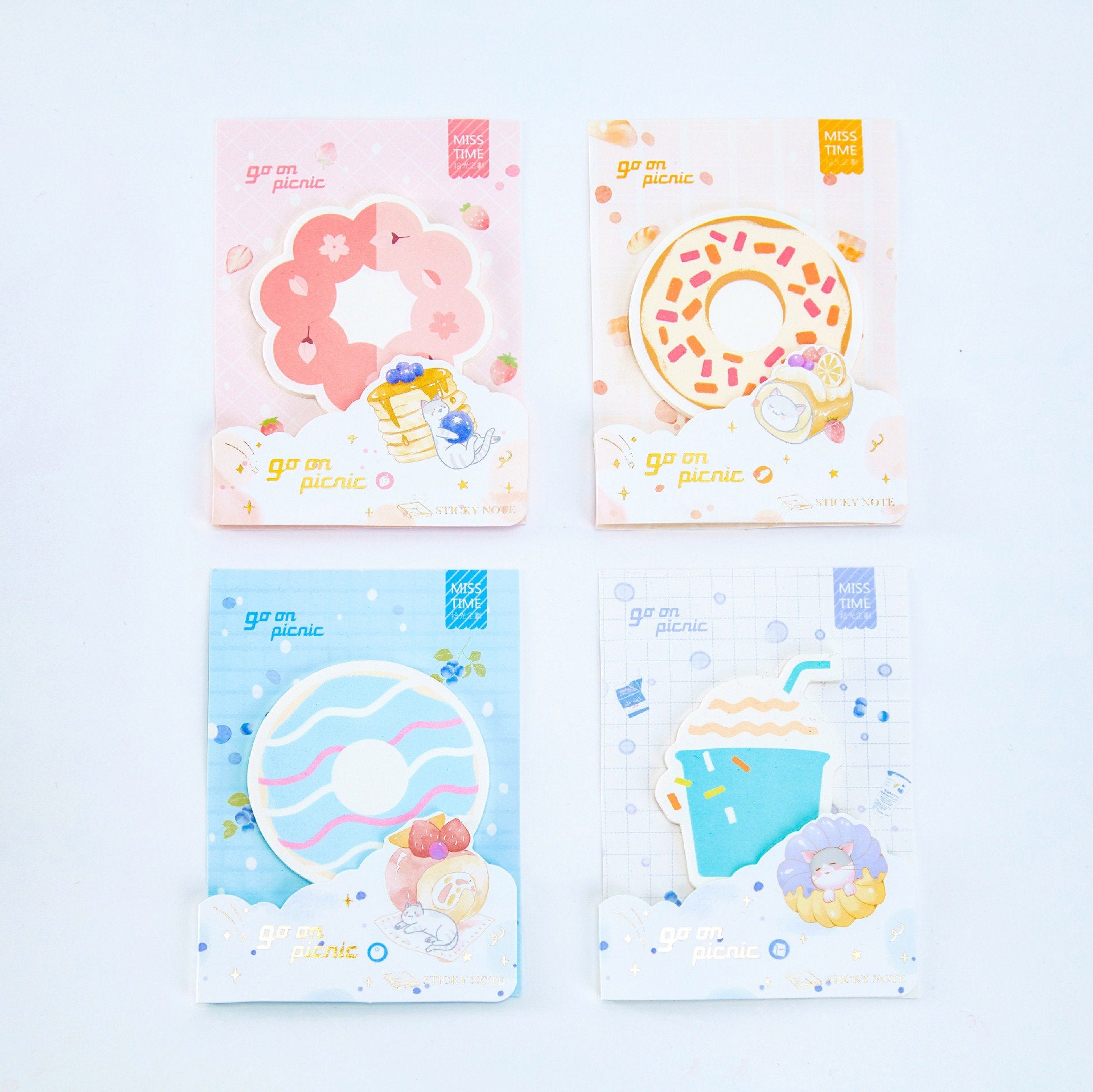 Picnic Notepad - 30 Sticky Notes for Journals featuring cute kawaii designs including pastries, donuts, summer drinks, and picnic themes in pastel colors. Perfect for scrapbooking and journaling.