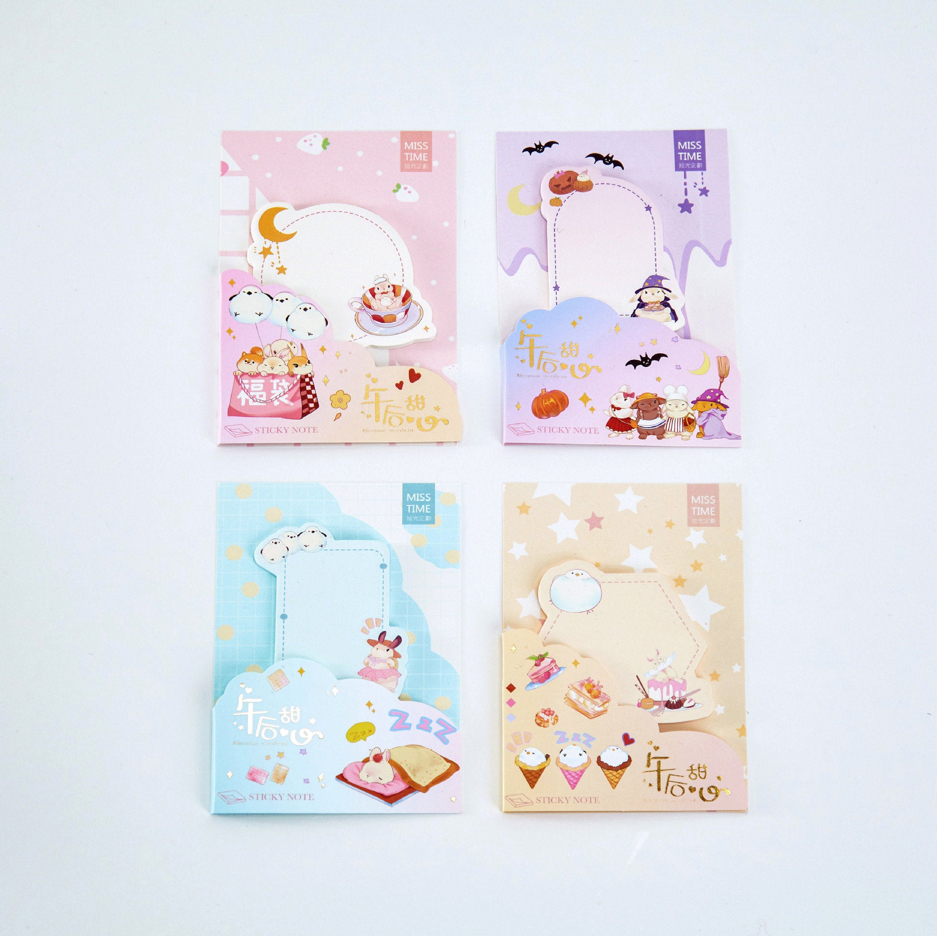 Picnic Notepad - 30 Sticky Notes for Journals featuring cute kawaii designs in pastel colors of pink, purple, blue, and beige with adorable characters and food illustrations.