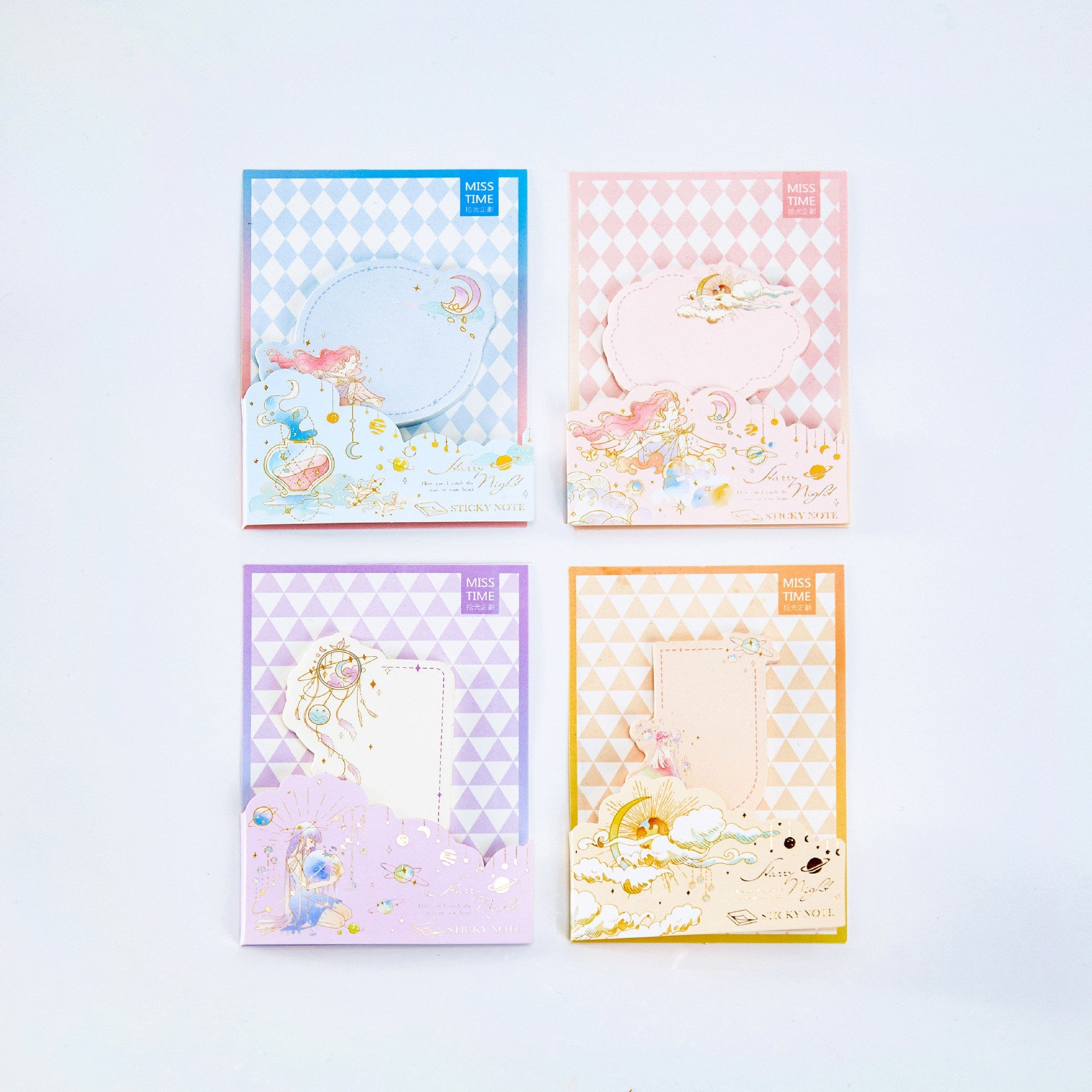 Picnic Notepad - 30 Sticky Notes for Journals in four pastel colors: blue, pink, purple, and orange with whimsical illustrations and golden accents.