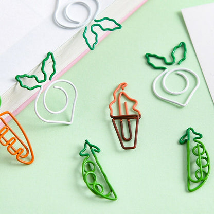 Creative vegetable clips in kawaii style, including designs of carrots, peaches, peas, and ice cream cones, suitable for cute stationery and office supplies.