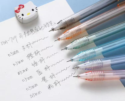 0.5mm transparent mechanical pencil set in minimalist design with assorted colors placed on paper with handwritten notes, perfect for office stationery and school supplies