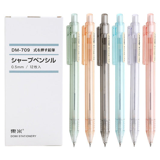 0.5mm transparent mechanical pencil set, minimalist office stationery in assorted colors, DOMI Stationery DM-709, premium quality writing tools.