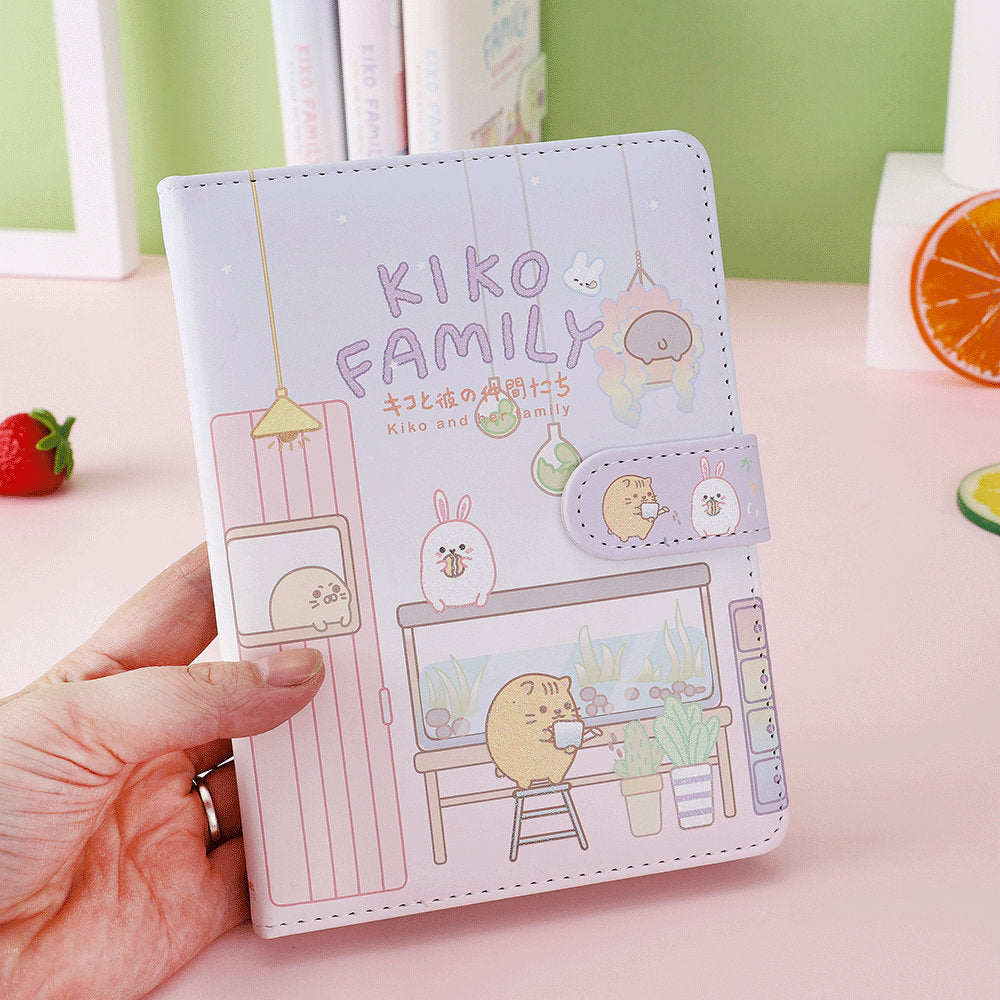 Kiko Family Leather Journal - Purple and Blue with Cute Kawaii Cartoon Characters and Secure Strap Closure