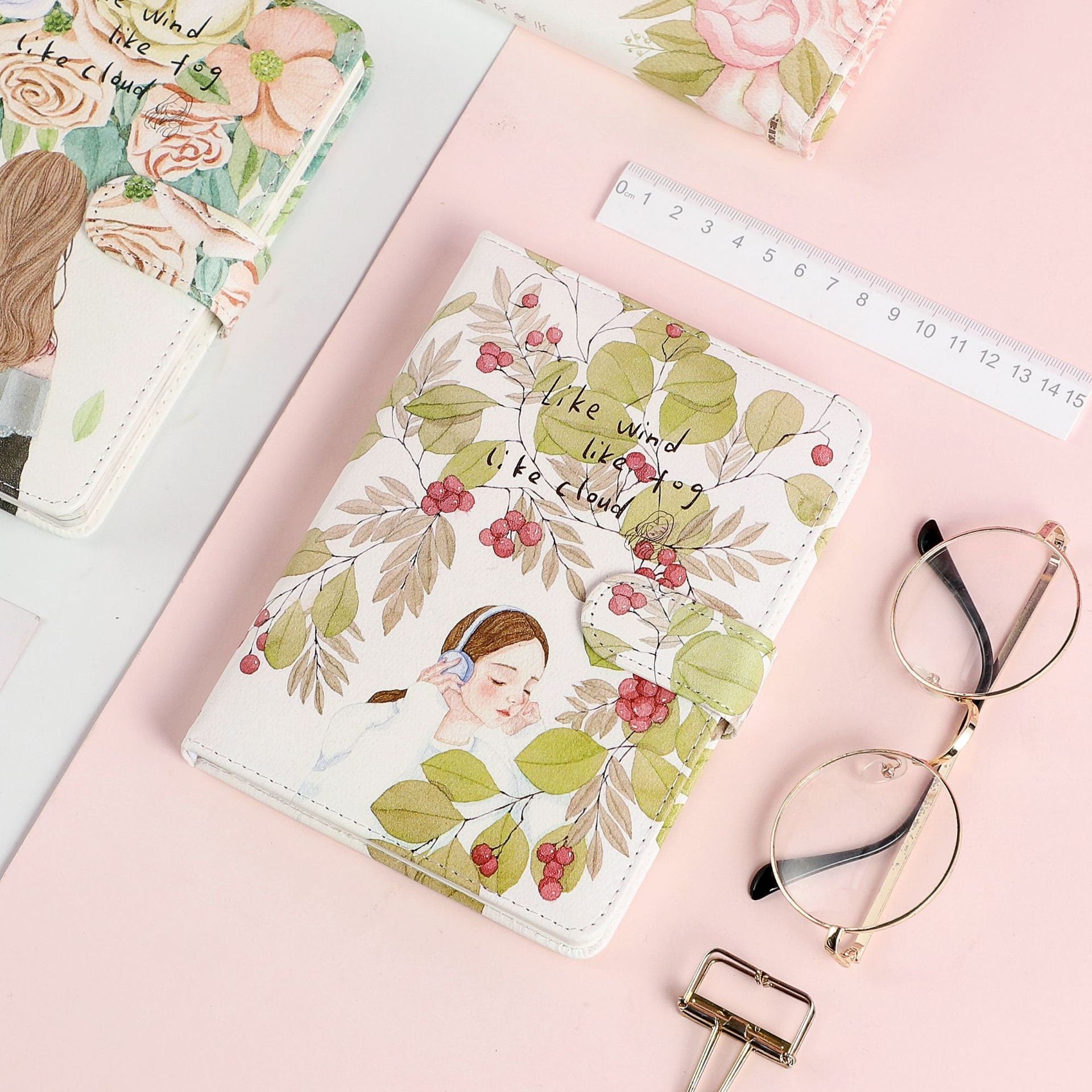 Like Wind Fog Cloud Leather Journal with Magnetic Buckle featuring a floral and girl illustration - Kawaii Stationary