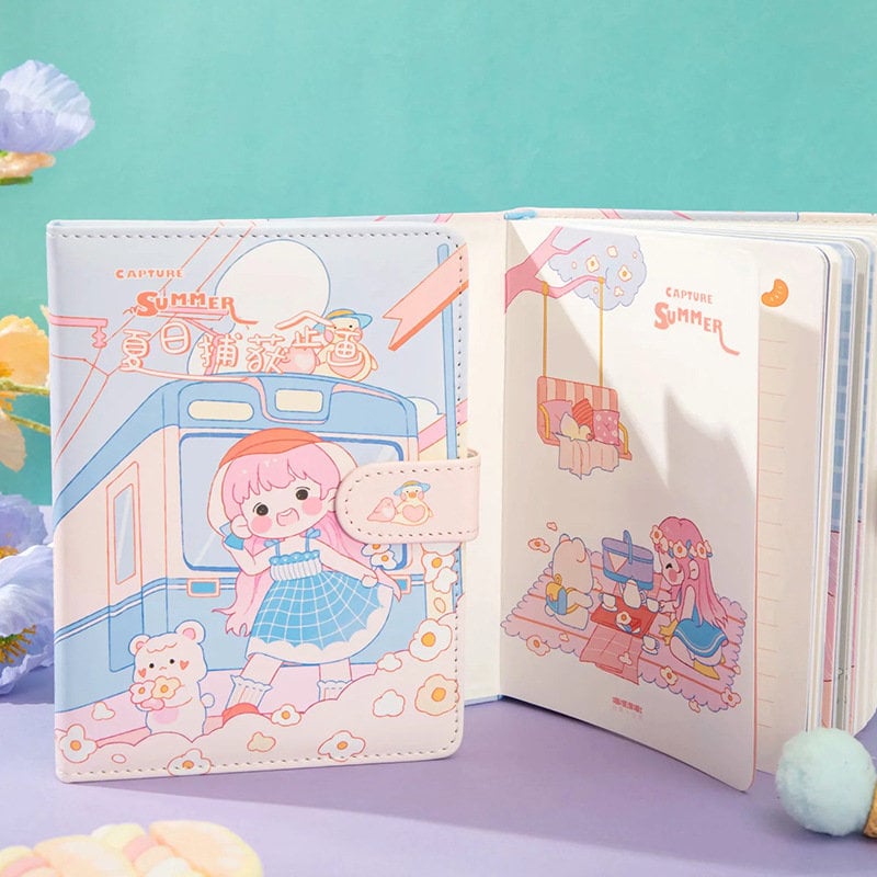 Magnetic Buckle Leather Journal - Capture Summer Design featuring kawaii illustrations of a girl with pink hair, a bear, and a train in pastel colors with flowers.