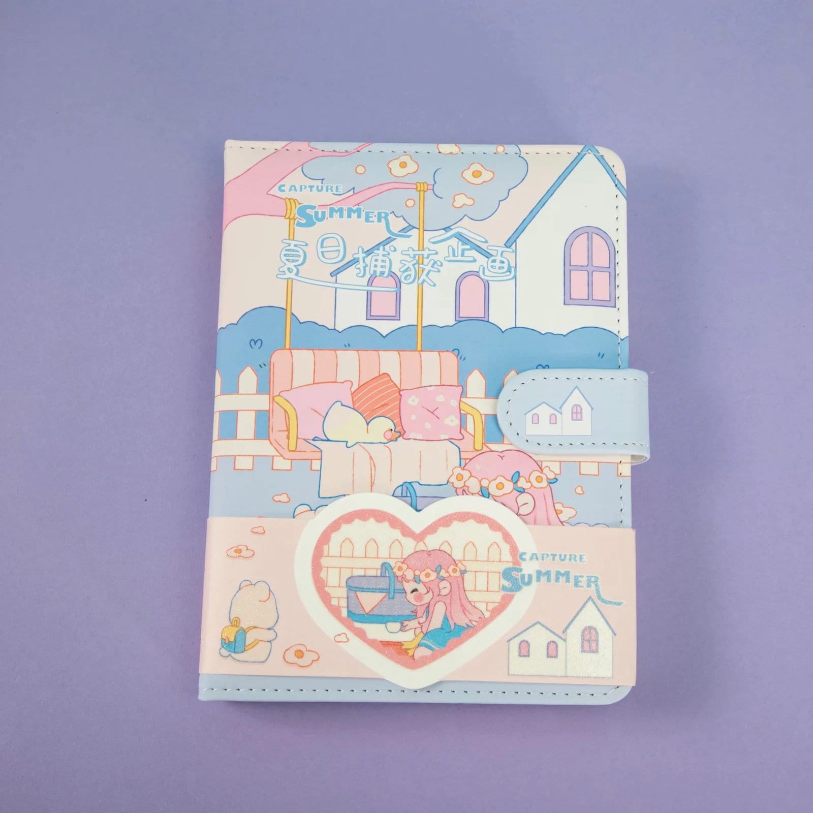 Magnetic Buckle Leather Journal with Capture Summer Design in kawaii style featuring pastel-colored illustrations of a house, couch, and playful characters on a lavender background.