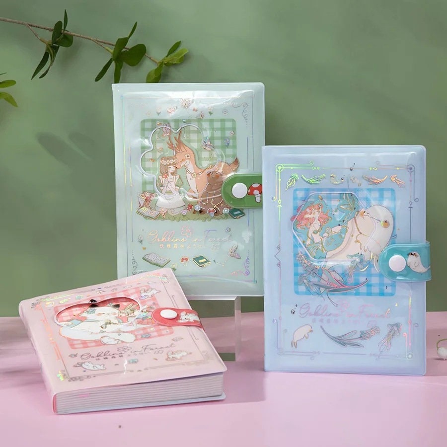 Gollina Forest Notebook - Magnetic Buckle Kawaii Journal featuring pastel-colored covers with charming animal and forest-themed illustrations, available in pink, green, and blue.