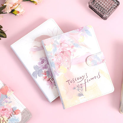 Tuscany's Flowers Leather Journal with Magnetic Buckle featuring watercolor floral designs and delicate illustrations, perfect for note-taking or as a travel diary.