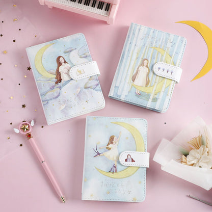 Anime Leather Journal with Girl Hugging Moon Design - Cute Kawaii Stationary with Pastel Colors and Dreamlike Theme