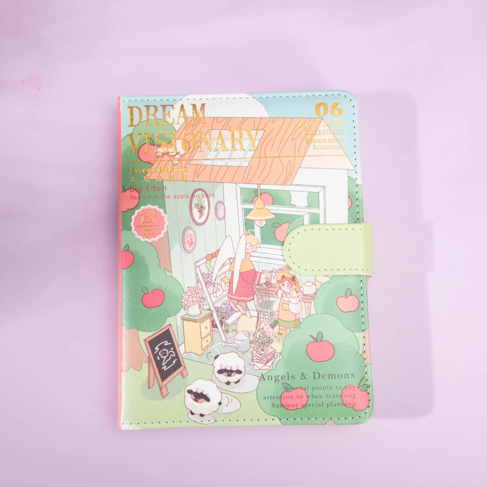 Dream Visionary Magnetic Buckle Leather Journal with kawaii illustration of a cozy apple orchard scene on the cover, soft pastel colors, and secure magnetic clasp, perfect for creative writing and planning.