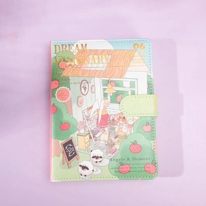 Dream Visionary Magnetic Buckle Leather Journal with kawaii illustration of a cozy apple orchard scene on the cover, soft pastel colors, and secure magnetic clasp, perfect for creative writing and planning.