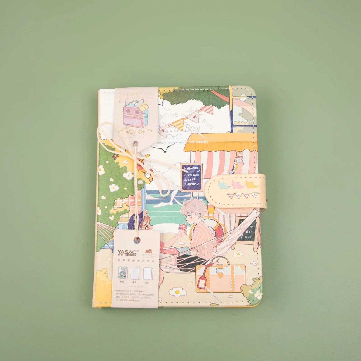 Beach Boy Leather Journal with Magnetic Buckle in A5 size, featuring a colorful beach scene illustration and a secure faux leather cover.