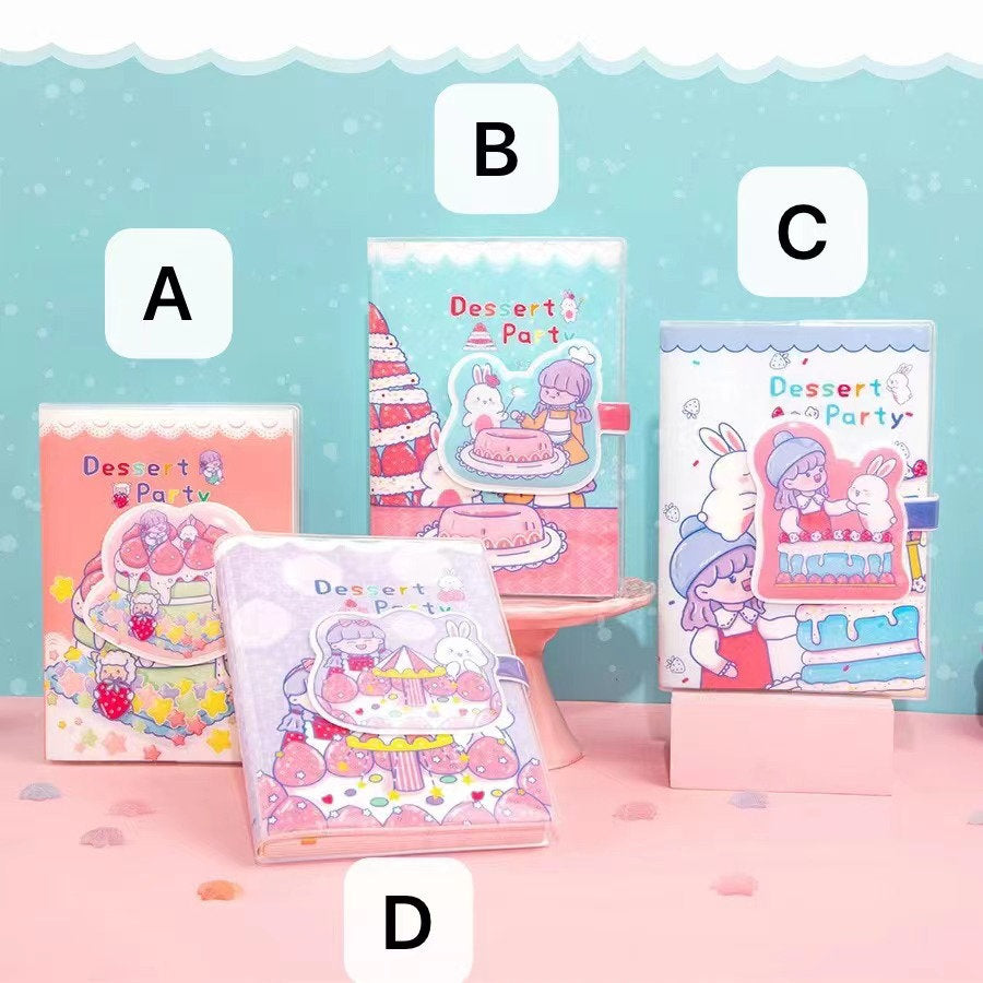 Pink Magnetic Buckle Kawaii Journal with cute dessert-themed covers featuring adorable characters, available in four different designs labeled A, B, C, and D.