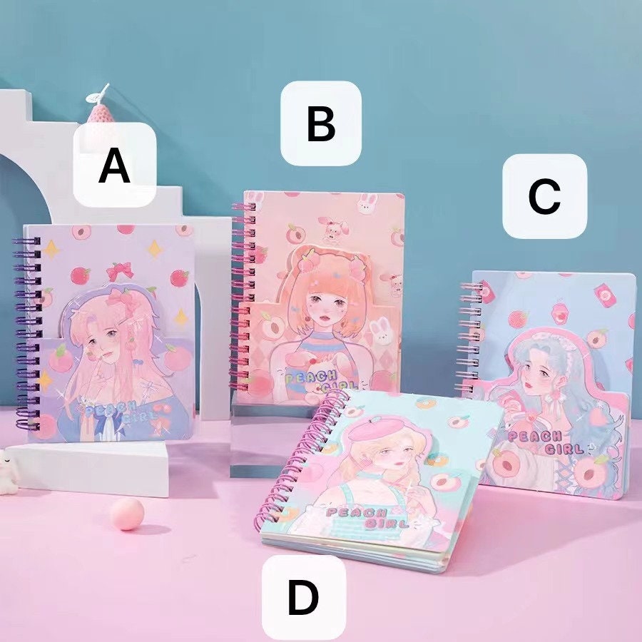 Kawaii Peach Girl Winding Journal with 180 Colorful Pages featuring cute anime-style girl covers in pastel shades (A, B, C, D) - perfect for school, notes, and diaries.