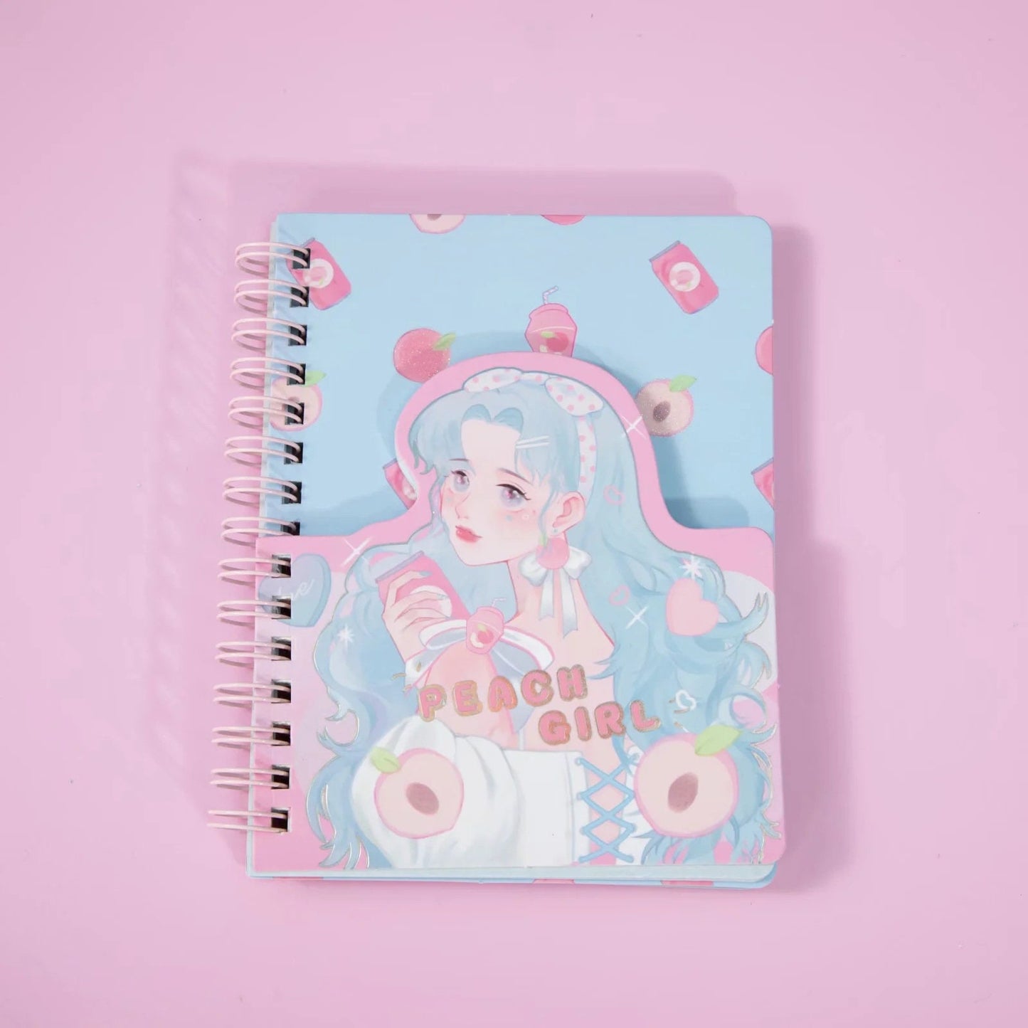 Kawaii Peach Girl Winding Journal with 180 colorful pages, featuring a cute pastel design with a girl holding a peach drink and surrounded by peach-themed illustrations.