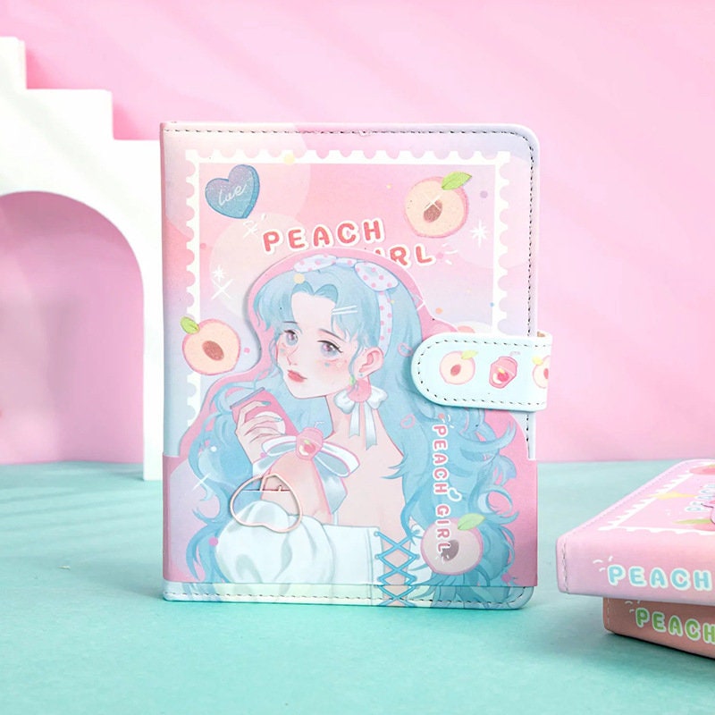 Kawaii Peach Girl Magnetic Journal with pastel colors, cute anime girl illustration, peach-themed design, and secure clasp. Ideal for note-taking and sketching.