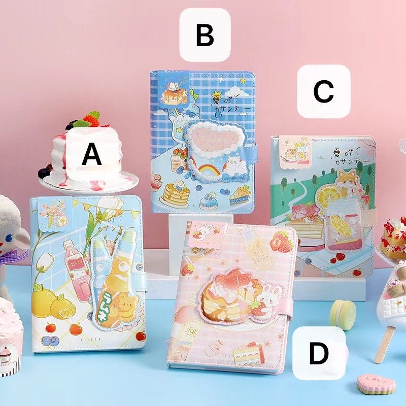 Magnetic Buckle Leather Notebook - Summer Sundae Design displayed in different varieties including colorful illustrated covers featuring desserts and fun summer elements. Ideal for kawaii stationery lovers.