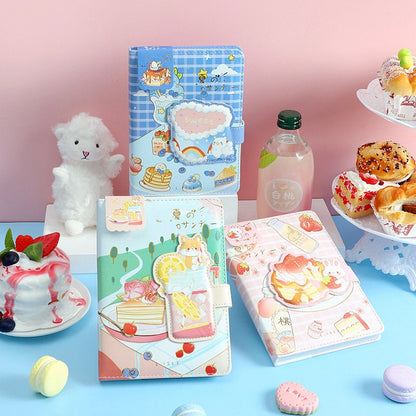 Magnetic buckle leather notebook in Summer Sundae design, featuring cute kawaii style covers with sweet treats illustrations, placed amidst delightful desserts and a plush toy, perfect for journaling and note-taking.