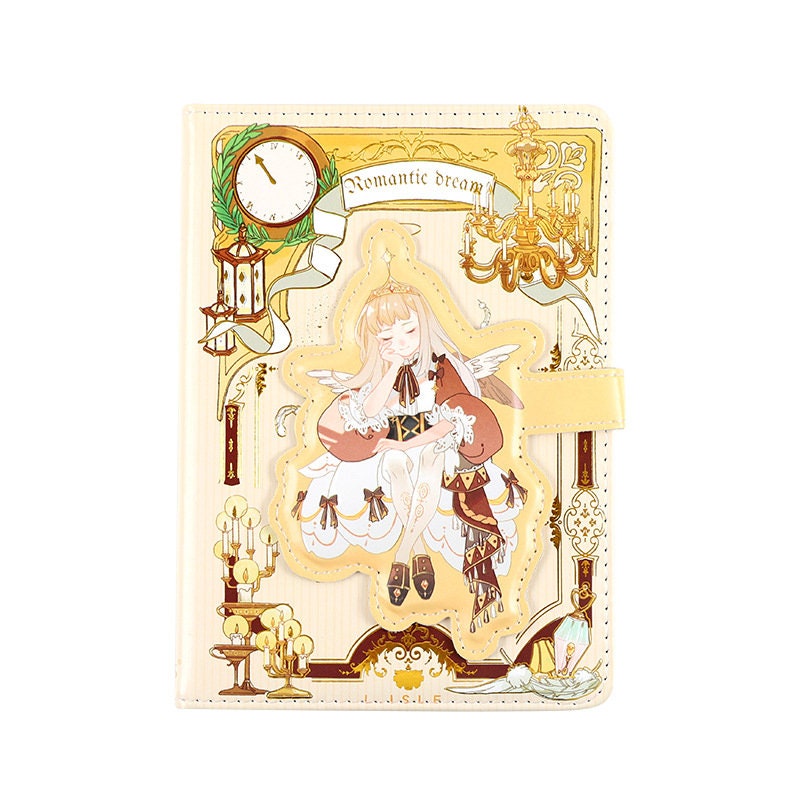 Romantic Dream Leather Journal with Magnetic Buckle, A5 Notebook featuring elegant clock and chandelier design, and dreamy angel illustration on cover