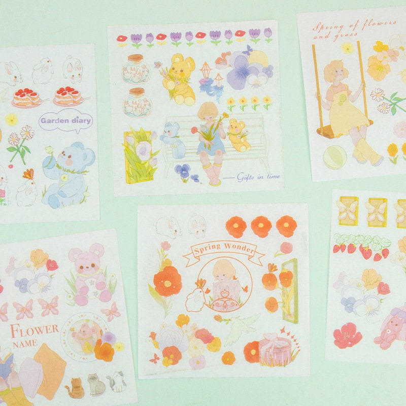 Flower Garden Notebook Gift Set with Journal and Stickers featuring adorable kawaii-themed illustrations of animals, flowers, and garden scenes in pastel colors.