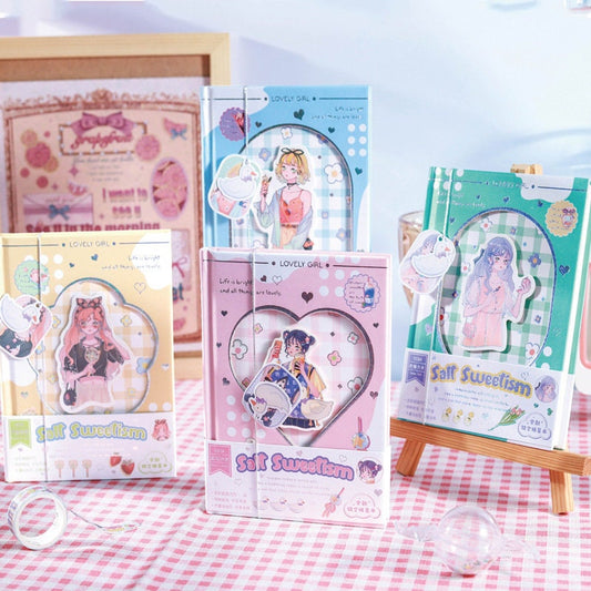 Magnetic Buckle Kawaii Anime Girl Journal, Self Sweetism series, available in various pastel colors with charming anime girl illustrations, checkered backgrounds, heart-shaped windows, and decorative elements perfect for cute and stylish journaling.