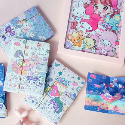 Rabbit Pudding Leather Journal with Magnetic Buckle, pastel kawaii design featuring adorable rabbit and pudding illustrations, perfect for cute stationery collection.