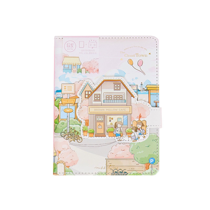 Magnetic Buckle Leather Journal featuring a whimsical Cloud Town design with pastel colors and cute illustrations.