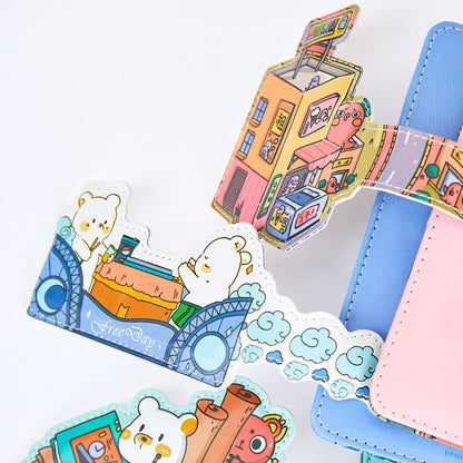 Magnetic Buckle Leather Journal - Cloud Town Design featuring cute illustrations of bears, colorful cityscape, and whimsical clouds, perfect for kawaii stationery lovers.