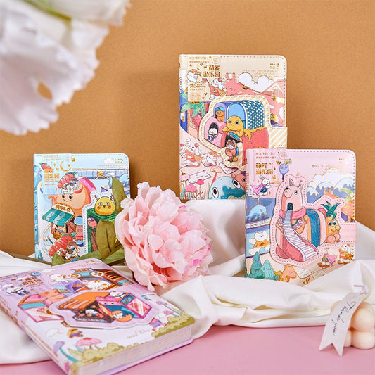 Magnetic Buckle Animal Park Leather Notebook with kawaii animal illustrations displayed among pink flowers on a soft fabric background.