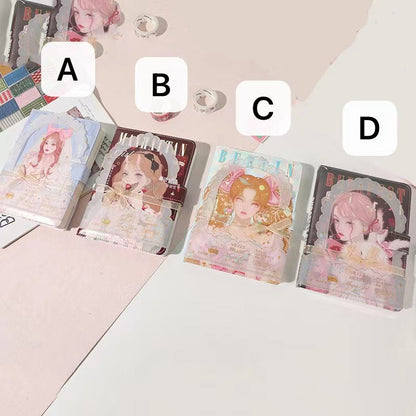 Magnetic Buckle Leather Journal - Rose Girl Design, featuring four variations labeled A, B, C, and D. Each journal showcases a unique kawaii rose girl illustration on the cover and is adorned with a delicate magnetic buckle closure for a stylish and secure look.