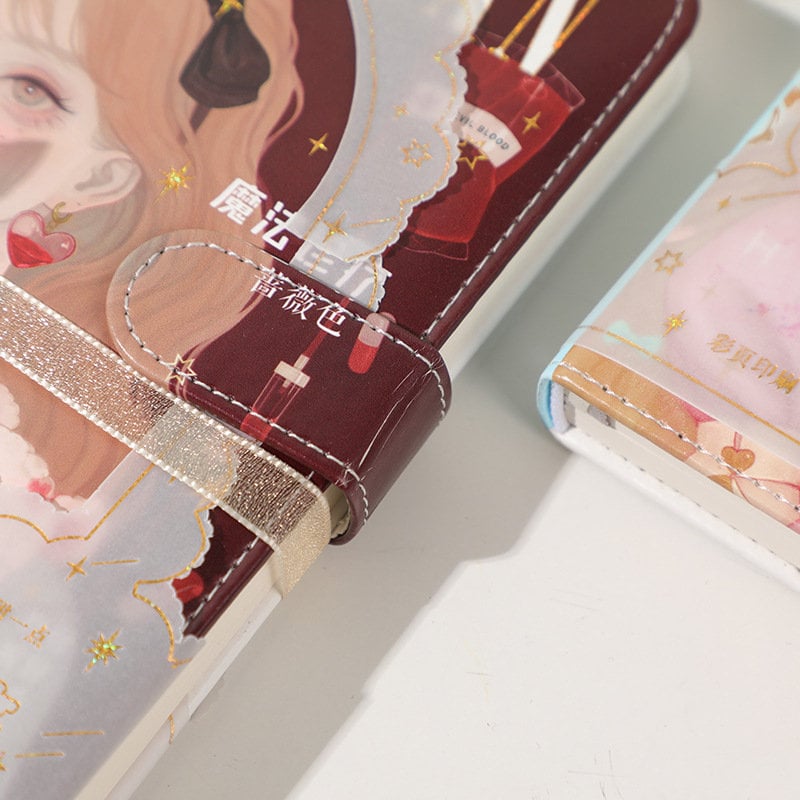 Magnetic Buckle Leather Journal - Rose Girl Design with Kawaii Illustration and Gold Accents