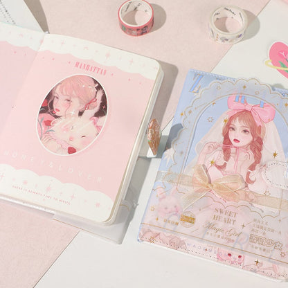 Magnetic Buckle Leather Journal - Rose Girl Design featuring a delicate illustration of a girl with roses and a soft, pastel color scheme, perfect for kawaii stationery enthusiasts.