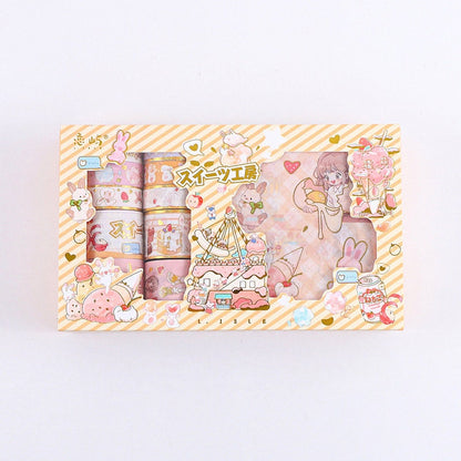 Anime Girl Washi Tape Set - 10 Rolls and Stickers in pastel colors featuring kawaii designs including anime girls, bunnies, hearts, and sweet treats.