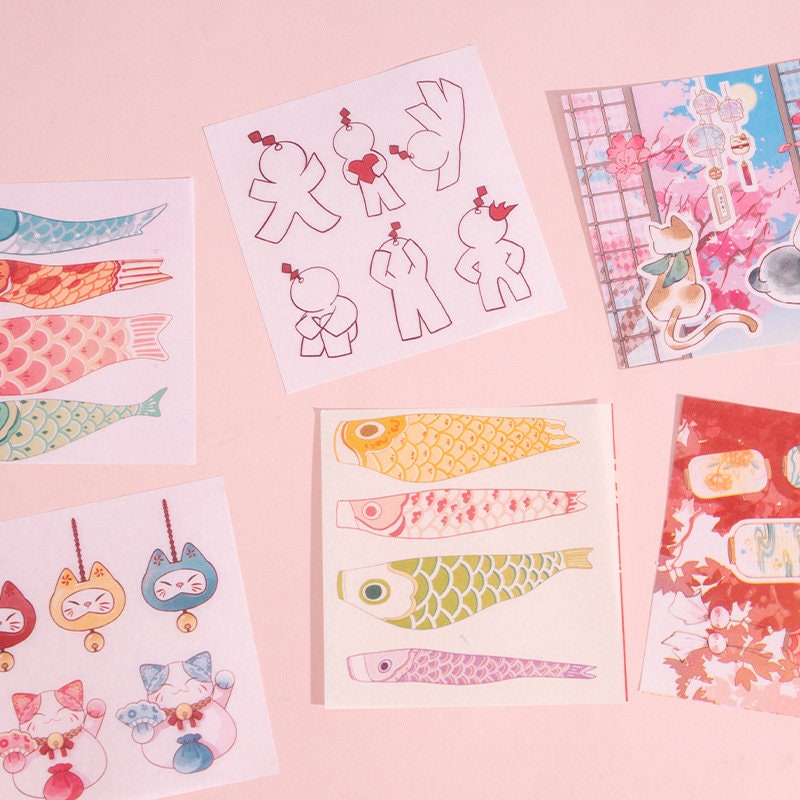 Fairyland Washi Tape Set featuring various whimsical designs including colorful koi fish, cute cats, and nostalgic figures for crafting and DIY projects.