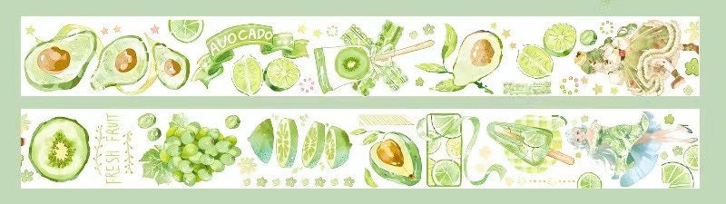 Kawaii Fruits Matte Washi Tape with green avocado, kiwi, lime, grapes, and leafy vegetable designs; perfect for craft and DIY projects.