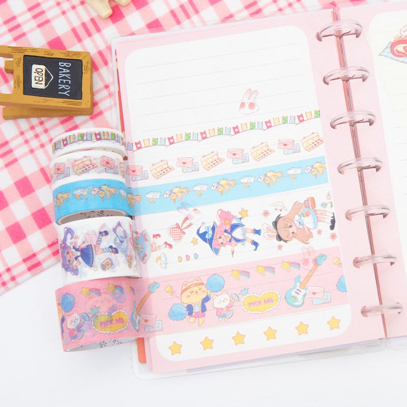 Cupcake Washi Tape Set - 10 Rolls with cute stickers and a knife, displayed on a pink and white plaid background with a notebook, featuring kawaii designs perfect for stationery decoration.