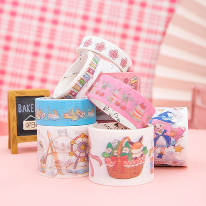 Cupcake Washi Tape Set of 10 rolls featuring kawaii designs, including stickers and a knife, perfect for crafting and decorating.