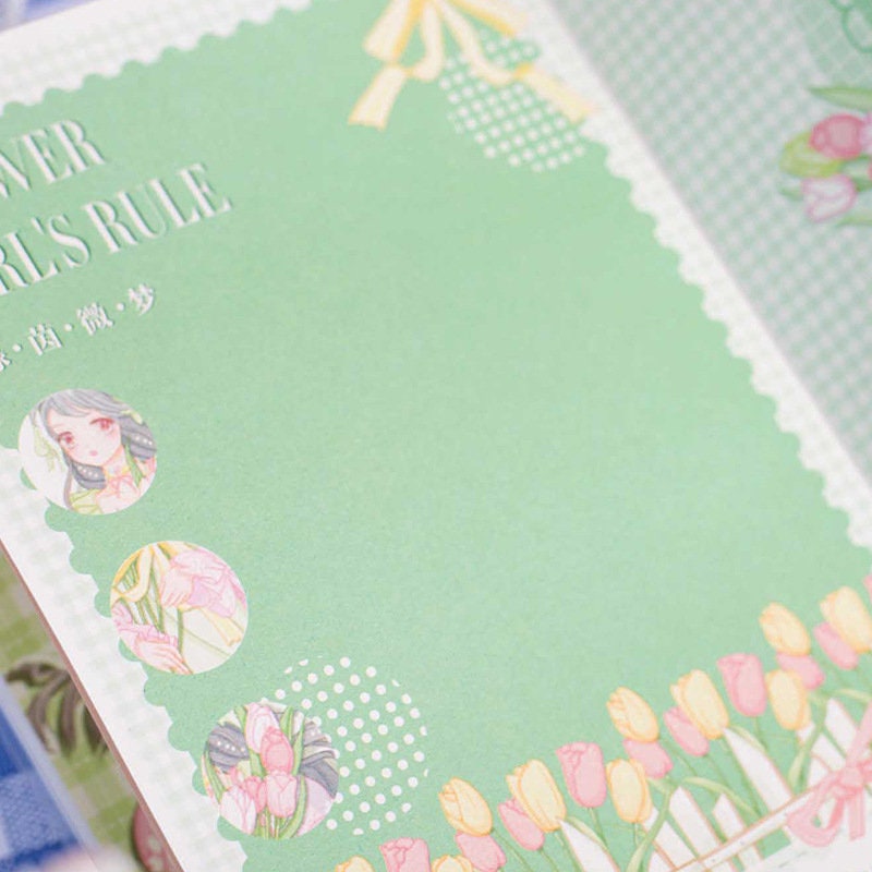 Magnetic Buckle Kawaii Flower Girl Notebook with green cover, cute tulip illustrations, and charming girl character design.