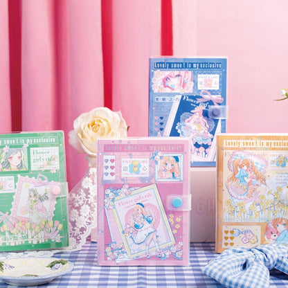 Magnetic Buckle Kawaii Flower Girl Notebook in various colors with flower girl illustrations and cute designs, displayed on a table with a pink background.