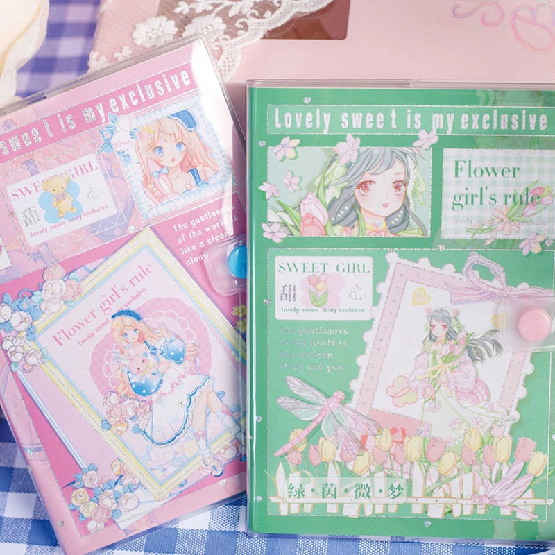 Magnetic Buckle Kawaii Flower Girl Notebook with pastel pink and green covers featuring cute anime girl illustrations and floral designs. Perfect for cute stationery enthusiasts and kawaii style lovers.